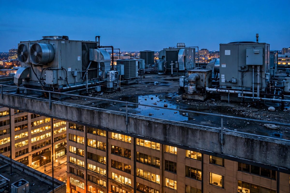 Rooftop HVAC units at dusk, ready for 24/7 ac repair service