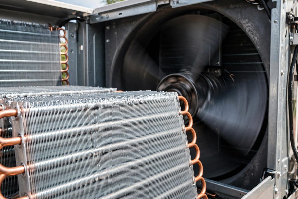 Clean condenser coils inside a commercial unit with a/c fixed