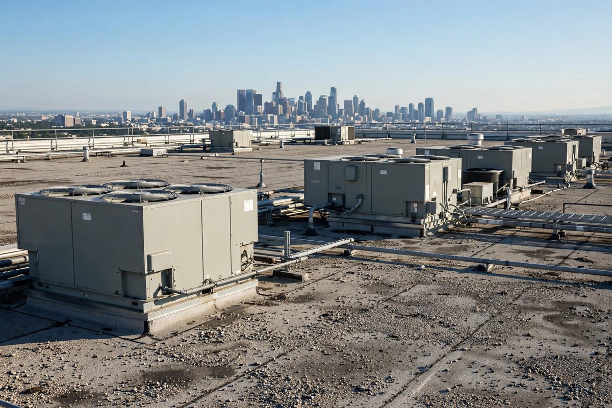 Rooftop AC units with city skyline, air conditioning repair dallas