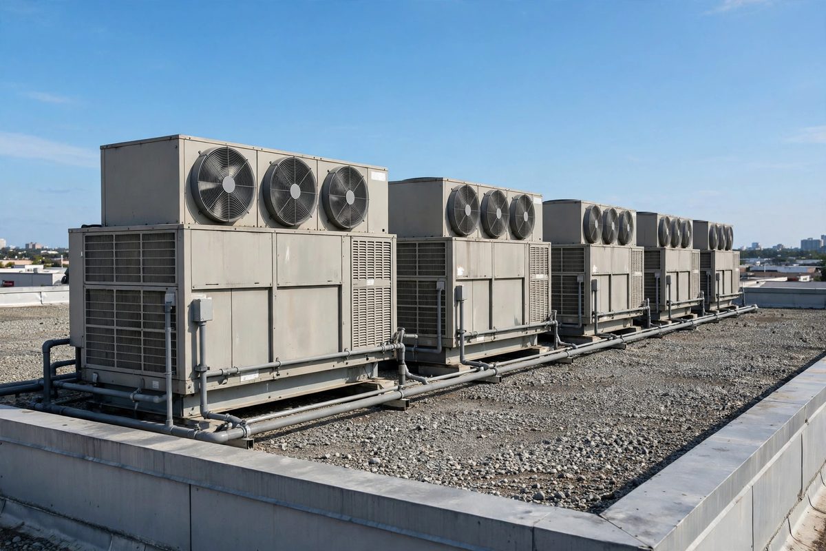 Rooftop commercial AC units serviced by a commercial ac repair near me contractor