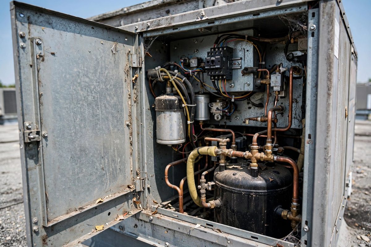 Open service panel on a rooftop unit during commercial ac repair