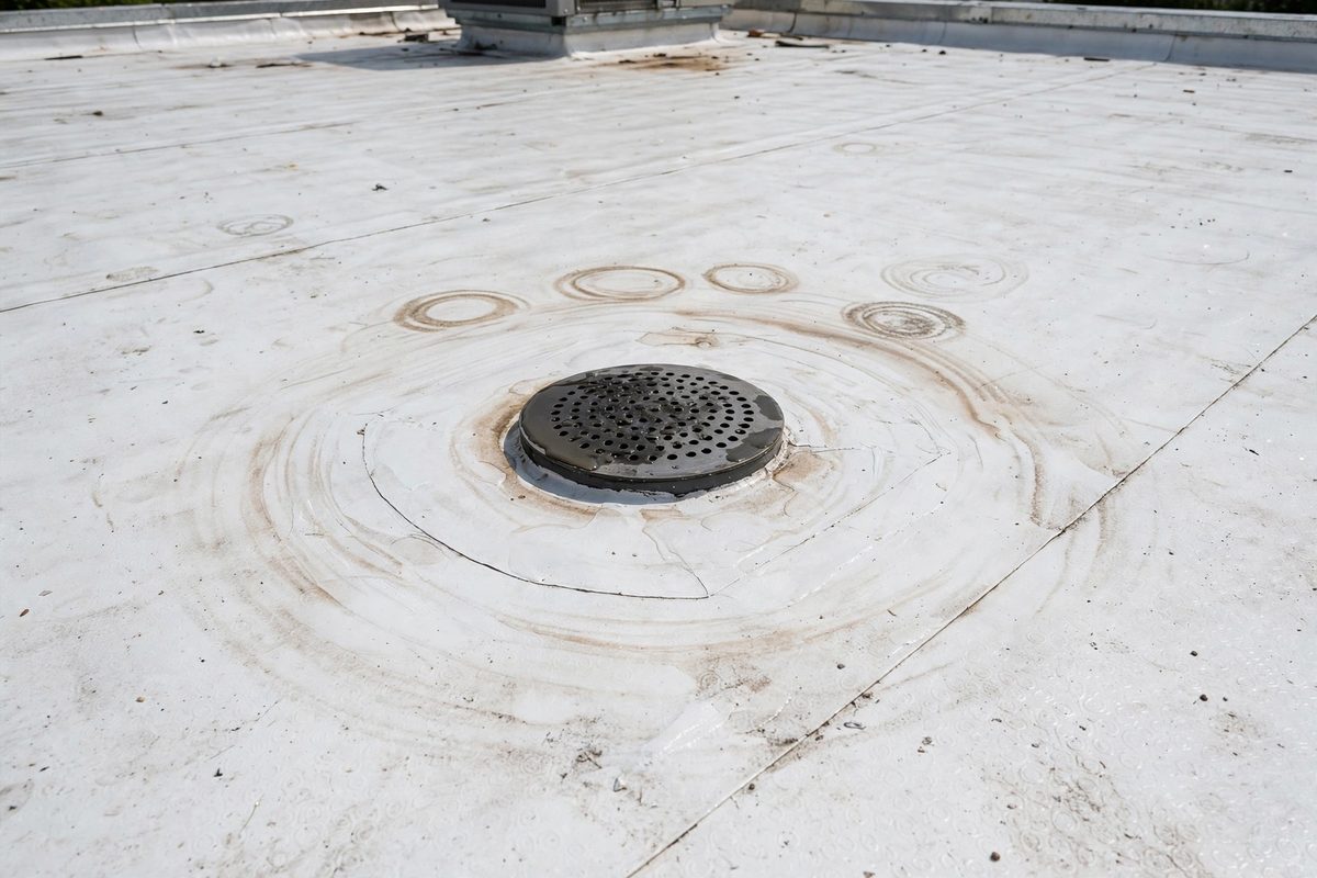 Flat roof drain area on white membrane after commercial flat roof repair