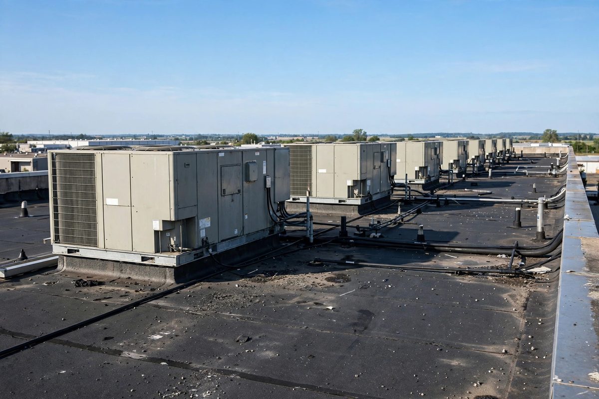Row of rooftop units on a warehouse roof for commercial hvac repair