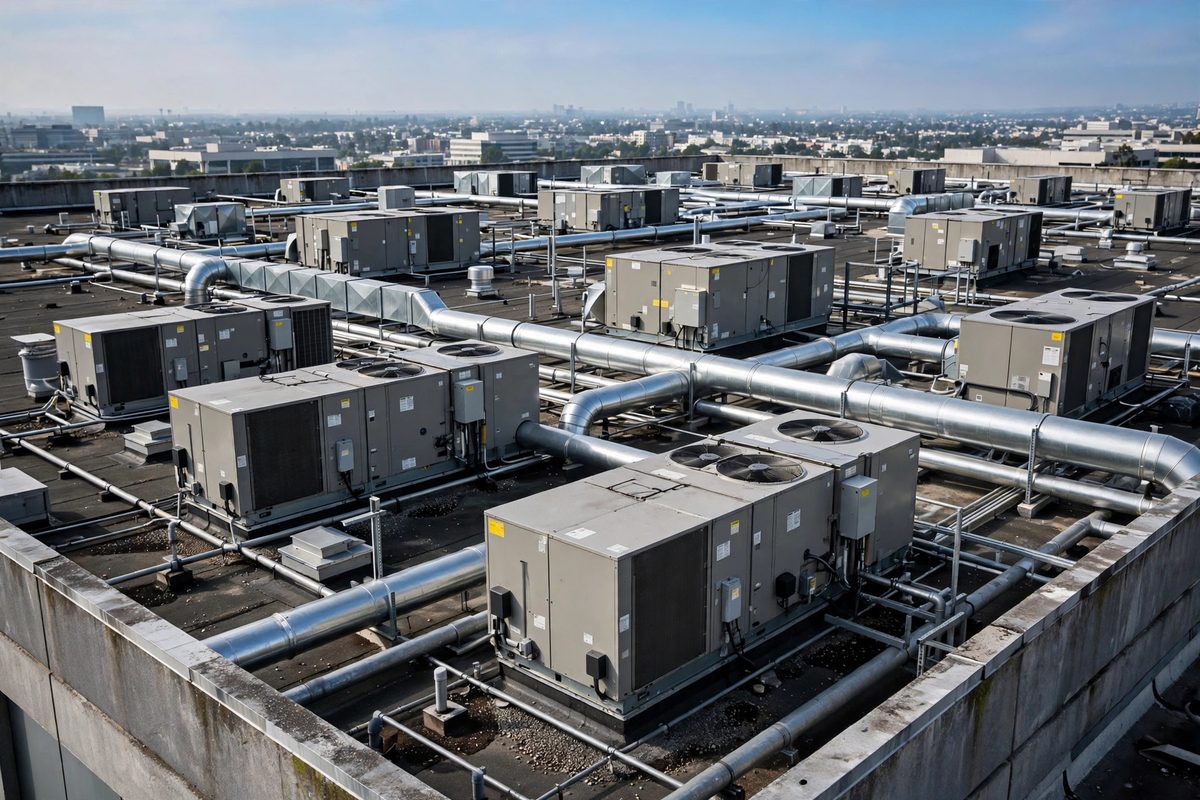 Rooftop HVAC units and ductwork maintained by a commercial hvac service near me provider