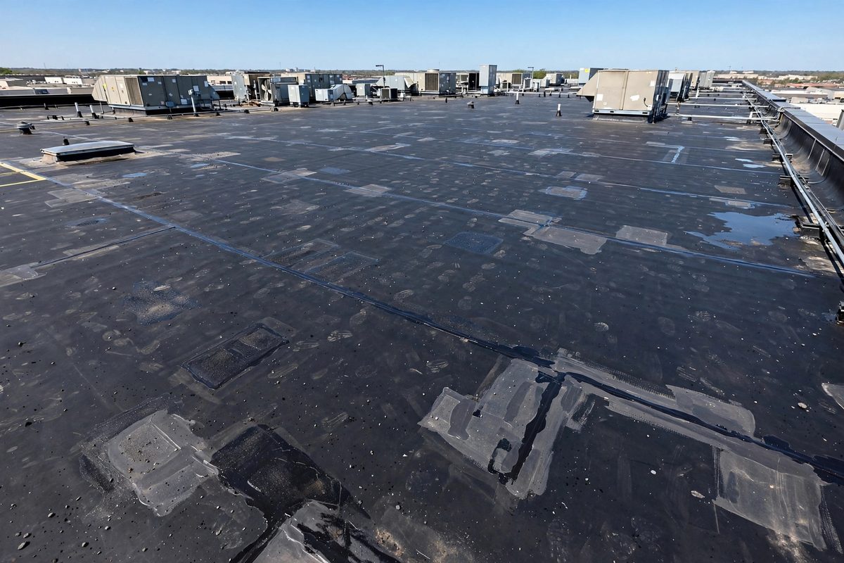 Flat commercial roof with patch repairs by a commercial roof repair company