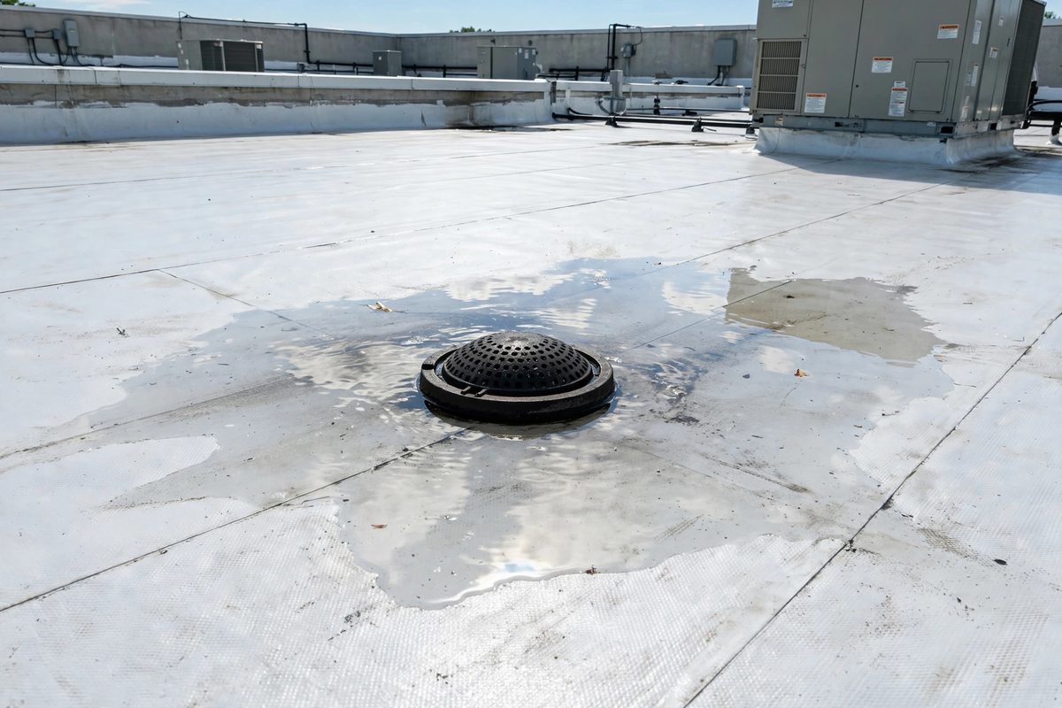 Ponding water near a roof drain before commercial roof repair