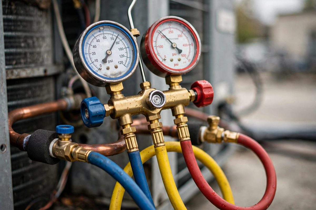 Manifold gauges connected to a unit for emergency ac service near me