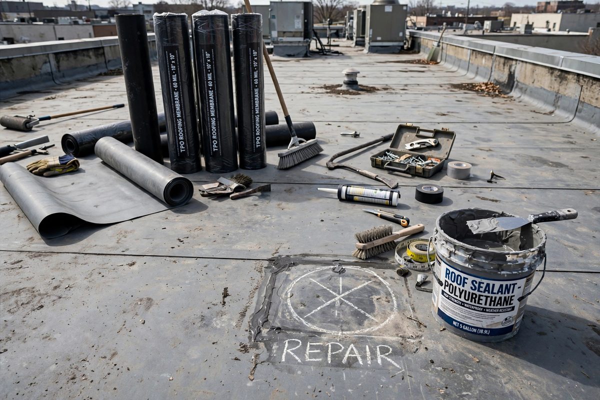 Tools and membrane rolls staged to repair commercial roof